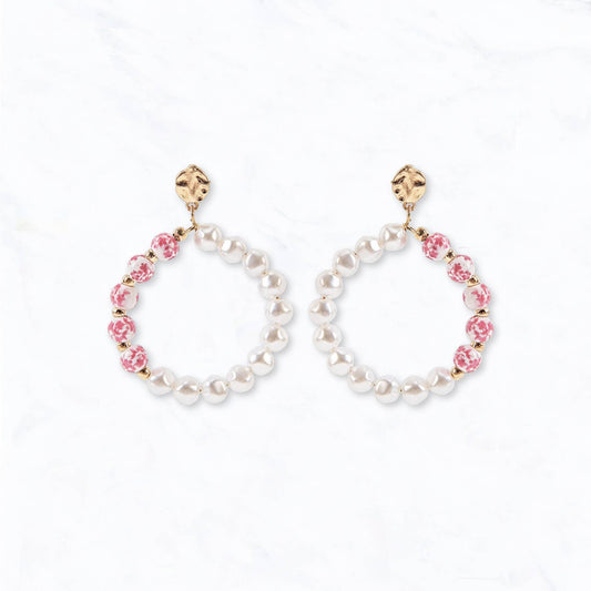 Gold Tone Porcelain & Pearl Beaded Hoop Earrings: Pink