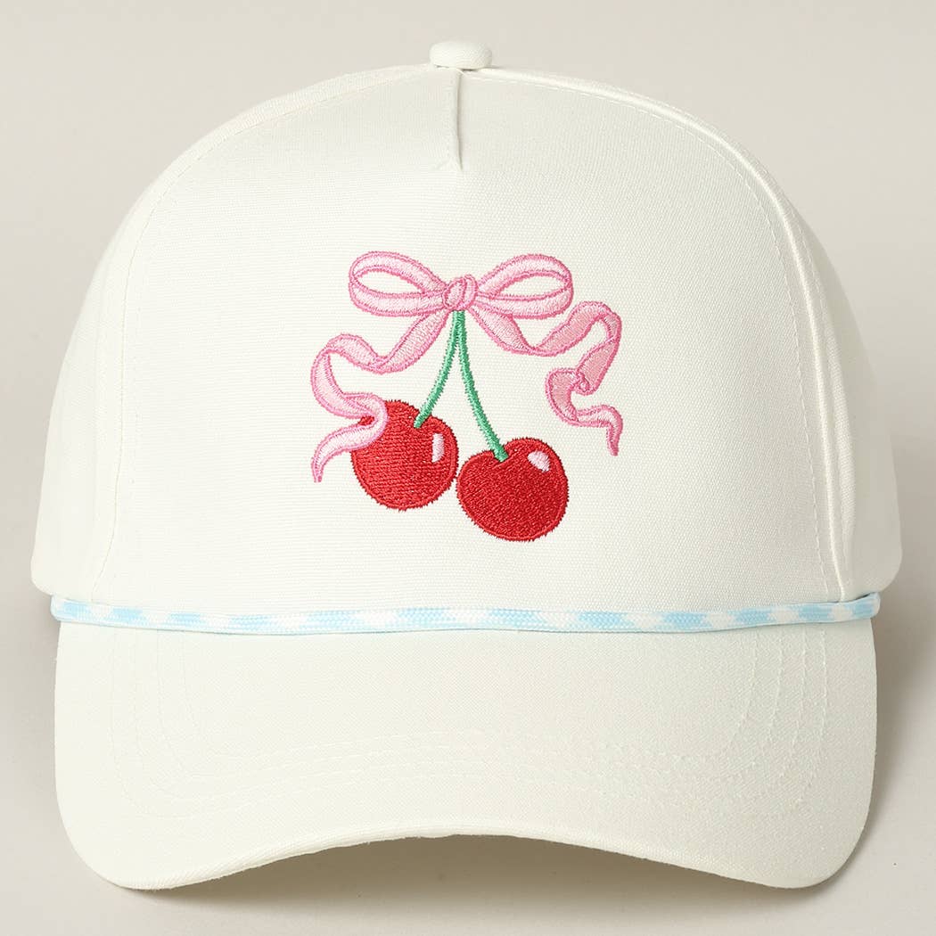 Cherry Ribbon Image Embroidery 5 Panel Trucker Hat: Lt Blue / One Size