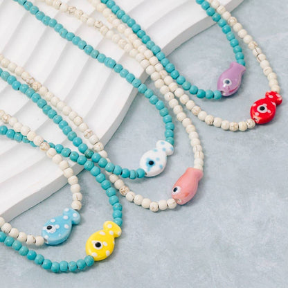 Ceramic Fish Pendant Ball Beaded Necklace Yellow