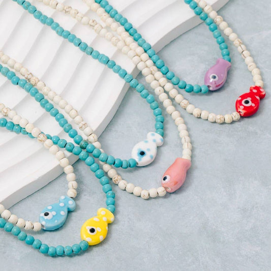 Ceramic Fish Pendant Ball Beaded Necklace Yellow