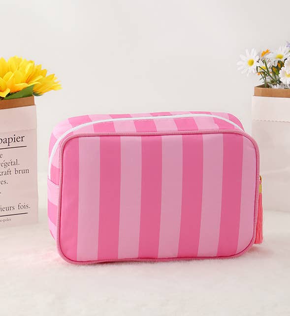 Color-Blocked Striped Cosmetic Bag Tassel Zipper Makeup Bag: SRose / M