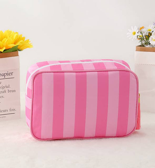 Color-Blocked Striped Cosmetic Bag Tassel Zipper Makeup Bag: SRose / M