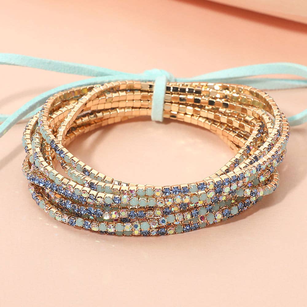 12PCS - Ribbon Colorful Rhinestone Layered Stretch Bracelets: Blue,Gold,Red