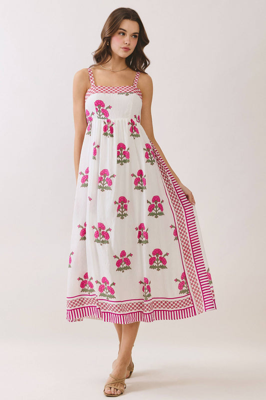 Floral Print Contrast Detail Square Neck Midi Dress