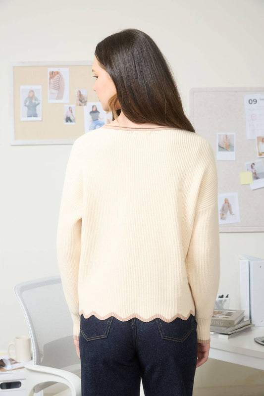 Contrast Scallop Trim Knit Pullover Sweater: Oatmeal