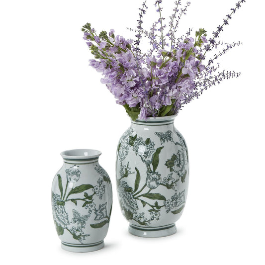 Primrose and Lotus Green and White Chinoiserie Vases