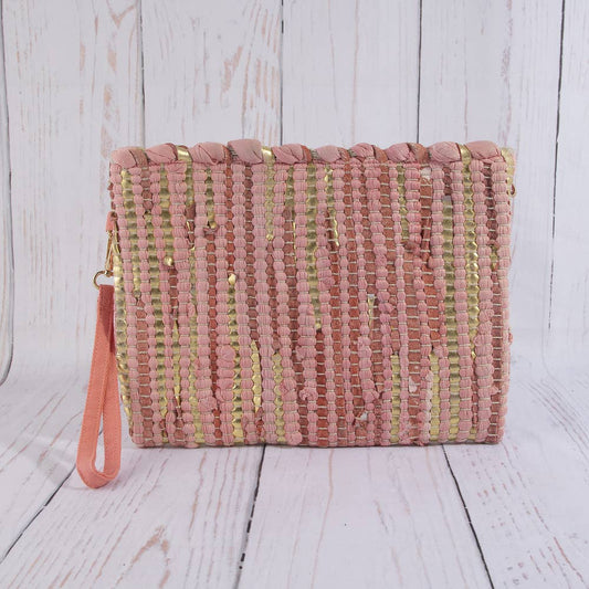 Woven Metallic Stripe Wristlet Clutch Bag: PNK