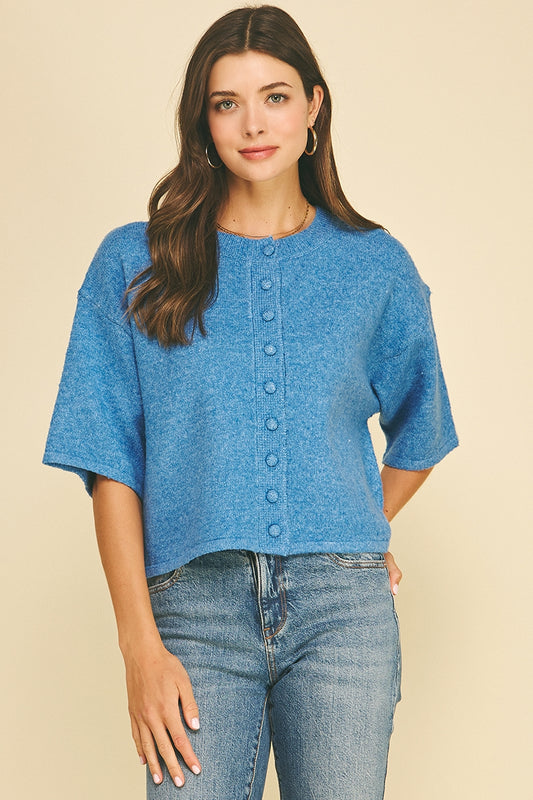 Button Down Short Sleeve Sweater in Urban Blue