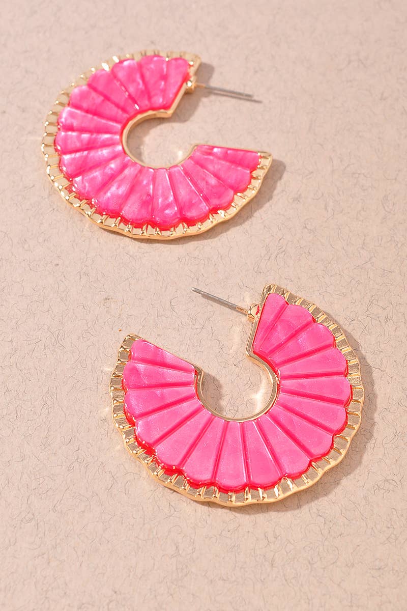 Scalloped Resin Hoop Earrings: Fuchsia