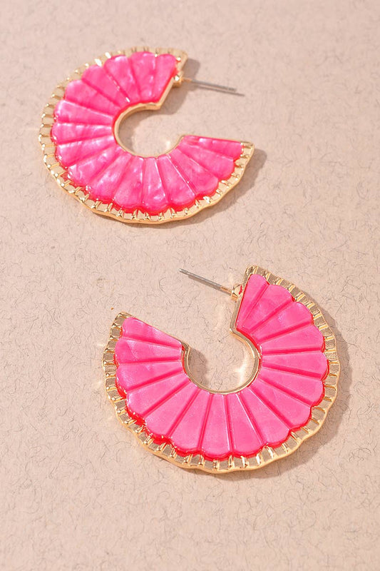Scalloped Resin Hoop Earrings: Fuchsia