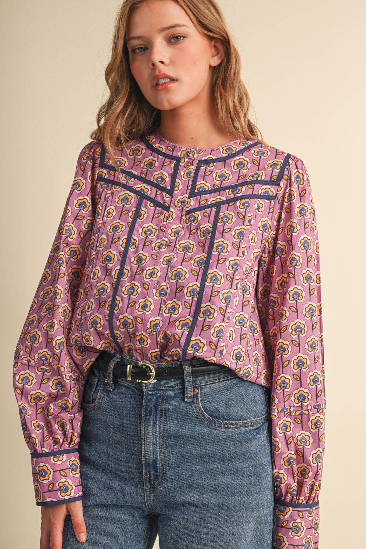 Floral Button Up Top With Contrast Binding Trim: Orchid Floral