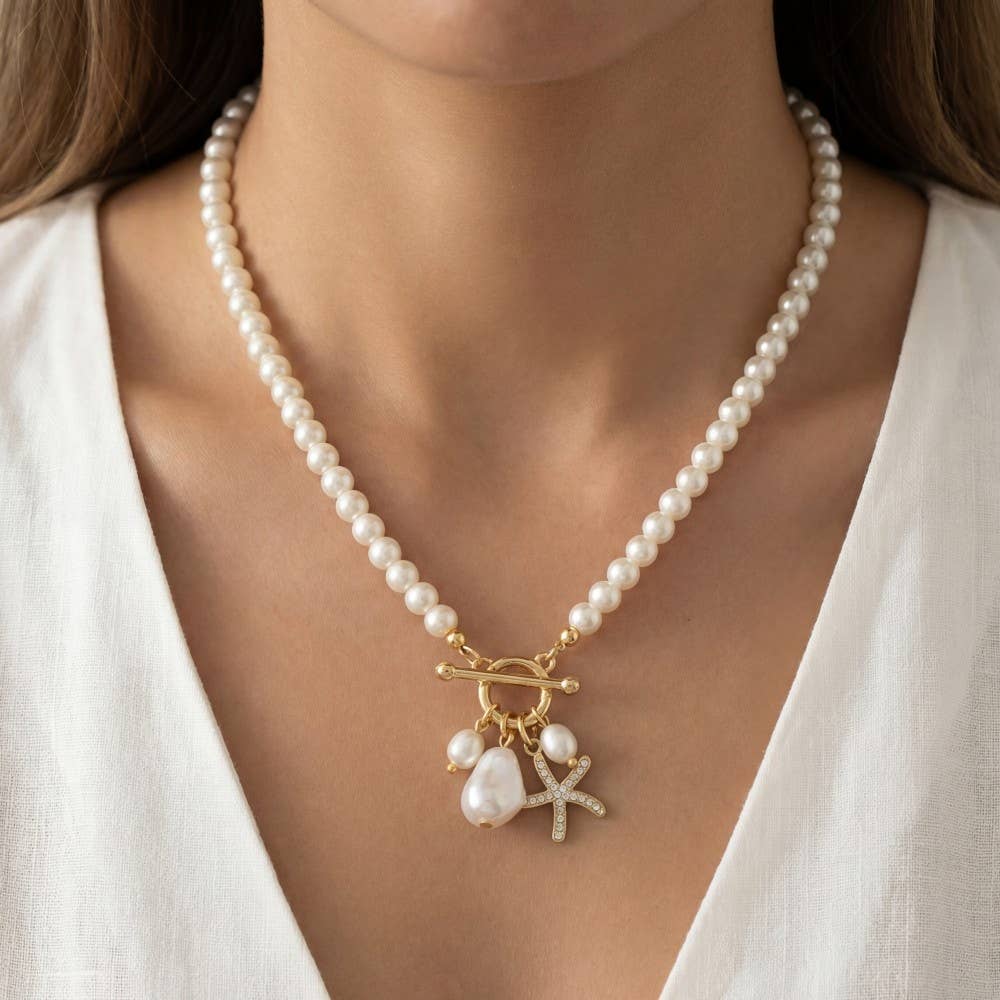 Starfish And Pearl Pendants Beaded Necklace: G