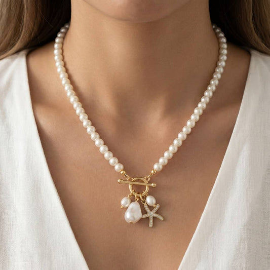 Starfish And Pearl Pendants Beaded Necklace: G
