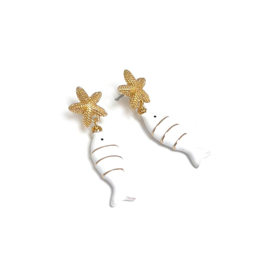 Enamel Fish & Textured Starfish Drop Post Earrings: Gold/White