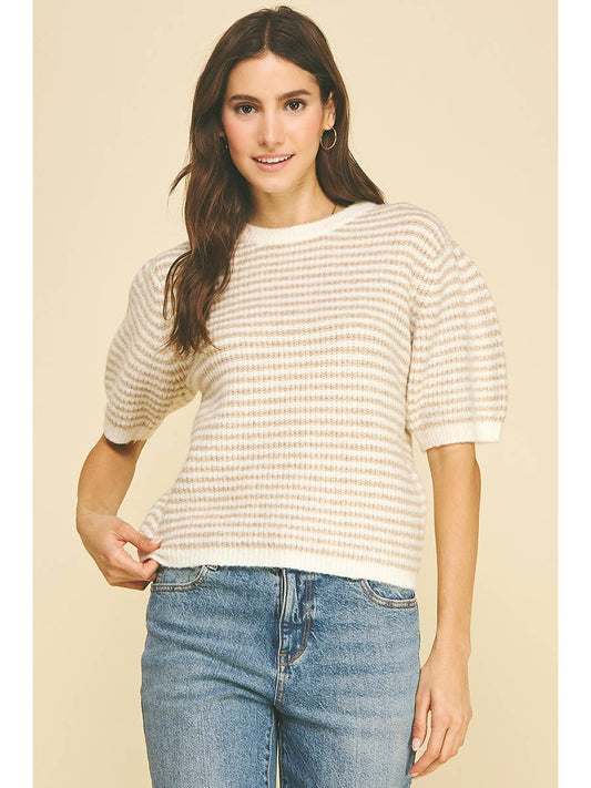 Striped Puff Sleeve Sweater in Beige/Ivory