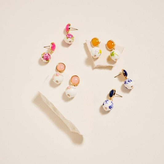 1 Inch Pattern Printed Ceramic Bead Drop Earrings: Blue / ONE