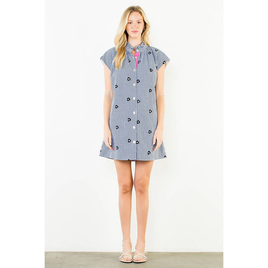 Short Sleeve Gingham Pattern Floral Embroidery Dress: NAVY