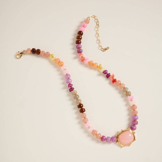 17Inch Mixed Marbled Ombre Beaded Pendant Necklace: Fuchsia