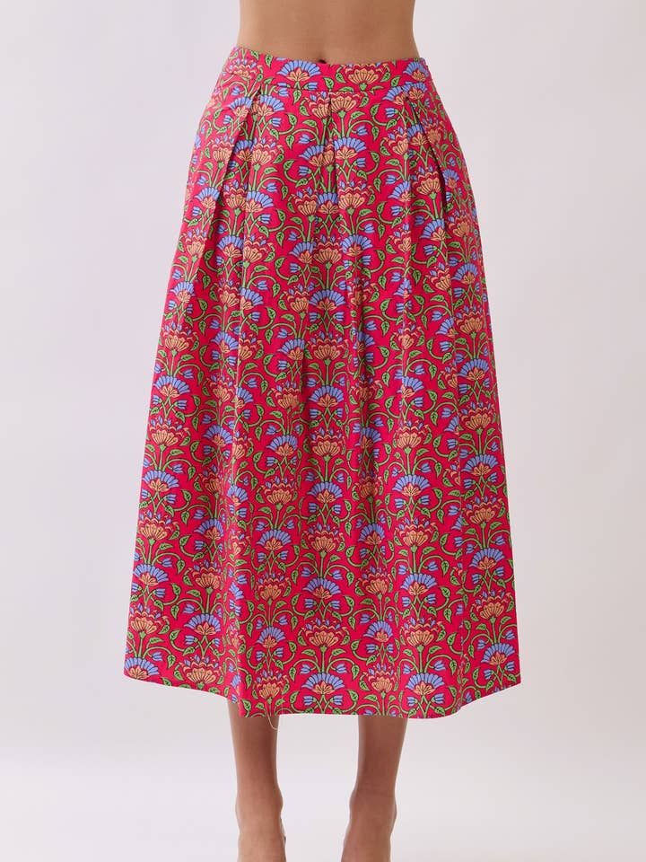 Side Zipper Pleated Detail Floral Midi Skirt