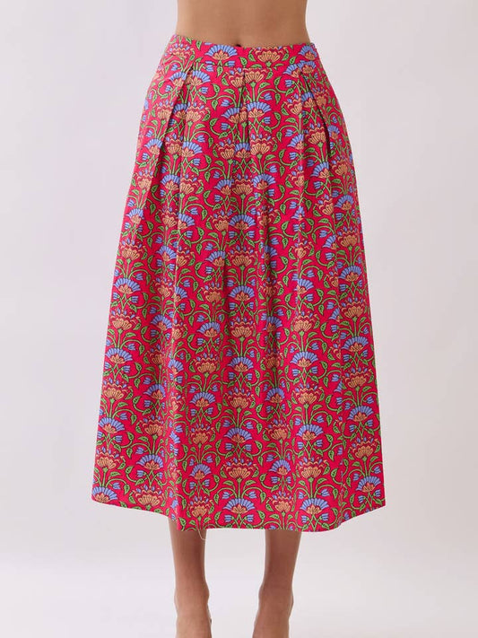Side Zipper Pleated Detail Floral Midi Skirt