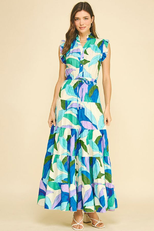 Leaf Print Button Down Tiered Dress in Blue