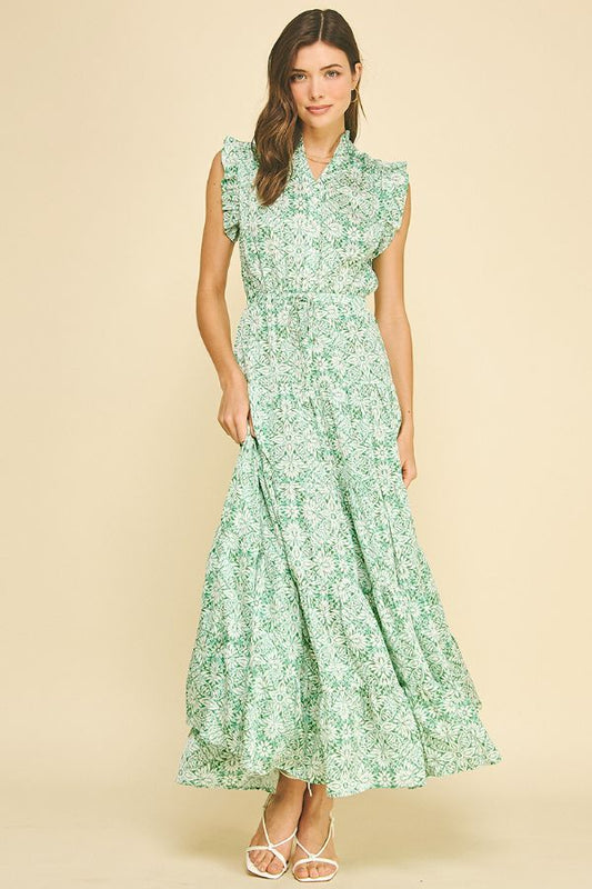 Floral Print Tiered Maxi Dress in Mint