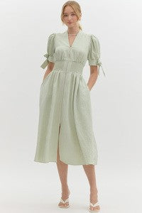 Aria Zip Front Bow Sleeve Midi Dress in Sage