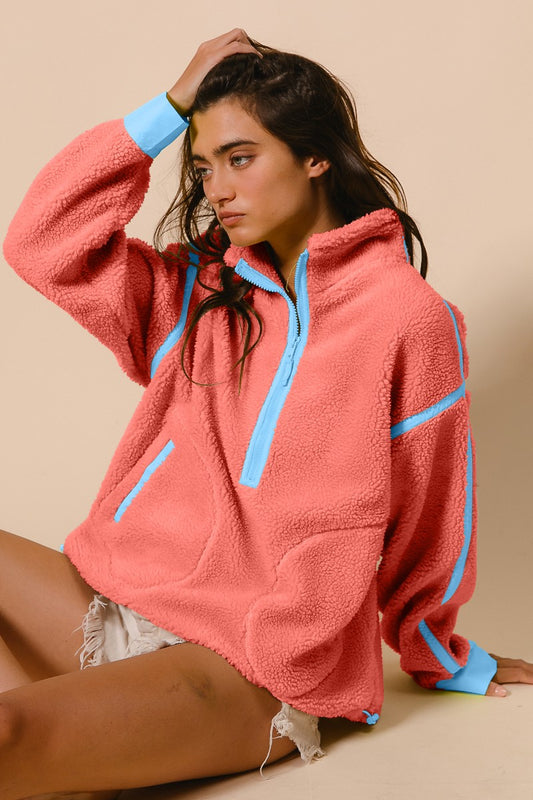 Contrast Edge Half Zip Up Sherpa Jacket in Coral/Blue