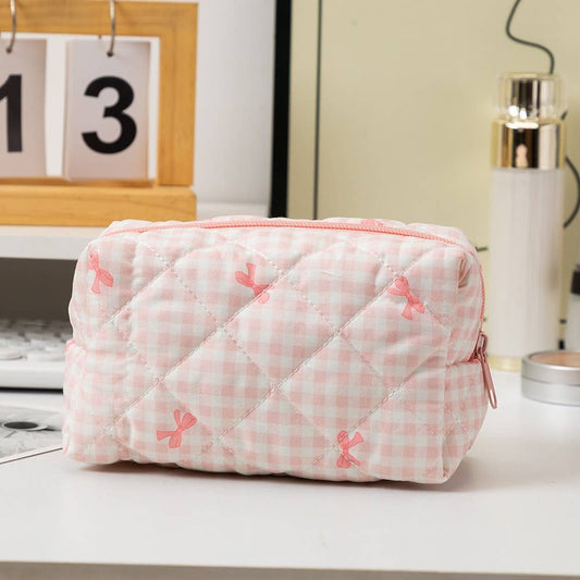 Quilted Cotton Checker Bow Cosmetic Pouch Bag | Checker Pink