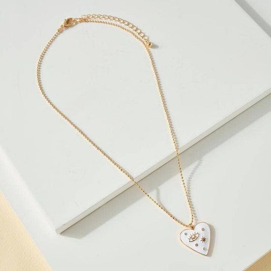Enamel Heart Evil eye Charm with Cutting Ball Chain Necklace: White