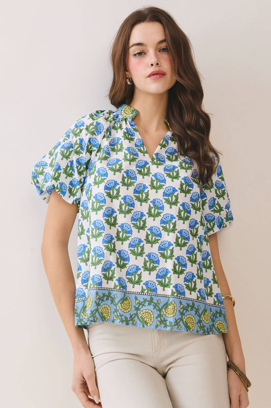 Floral Print Bubble Sleeves Split Neckline Top