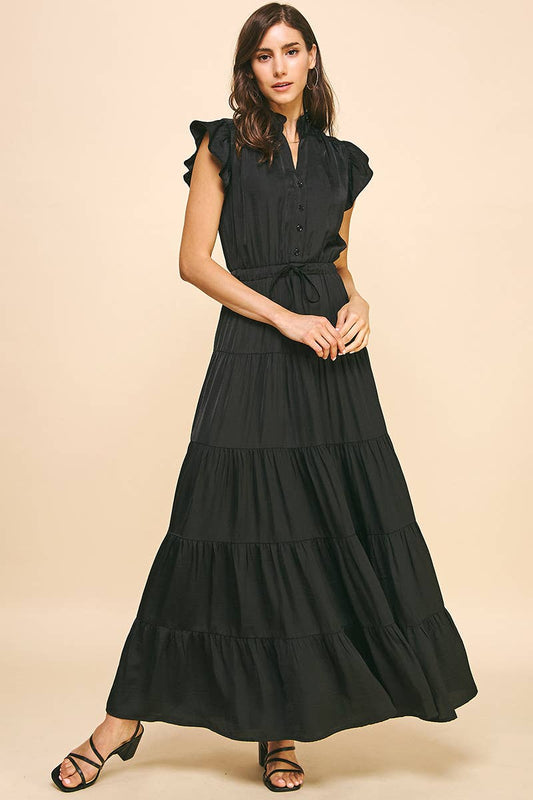 Satin Tiered Maxi Dress - Black