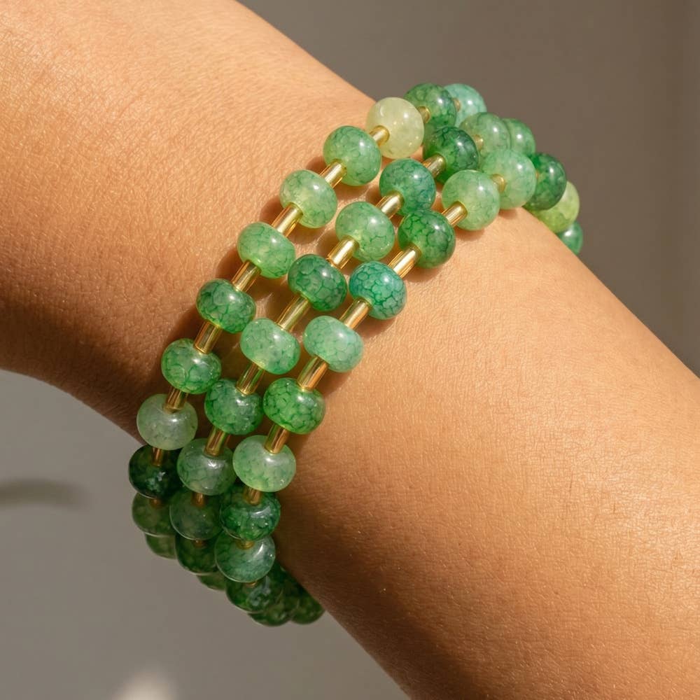 Marbled Stone Stretch Beaded Bracelet: GDGRN