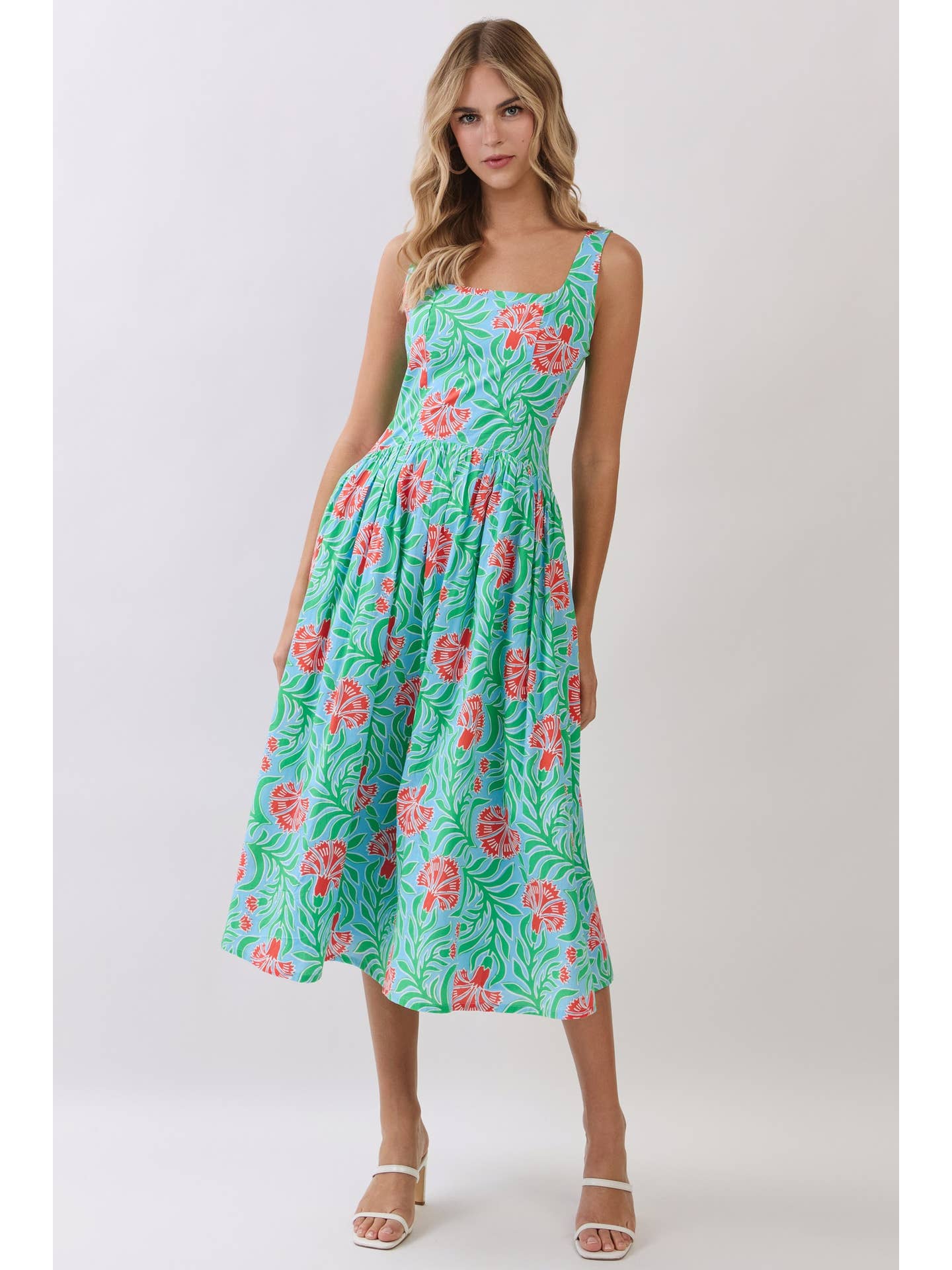 Tropical Floral Print Smocked Back Midi Dress