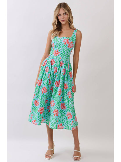 Tropical Floral Print Smocked Back Midi Dress