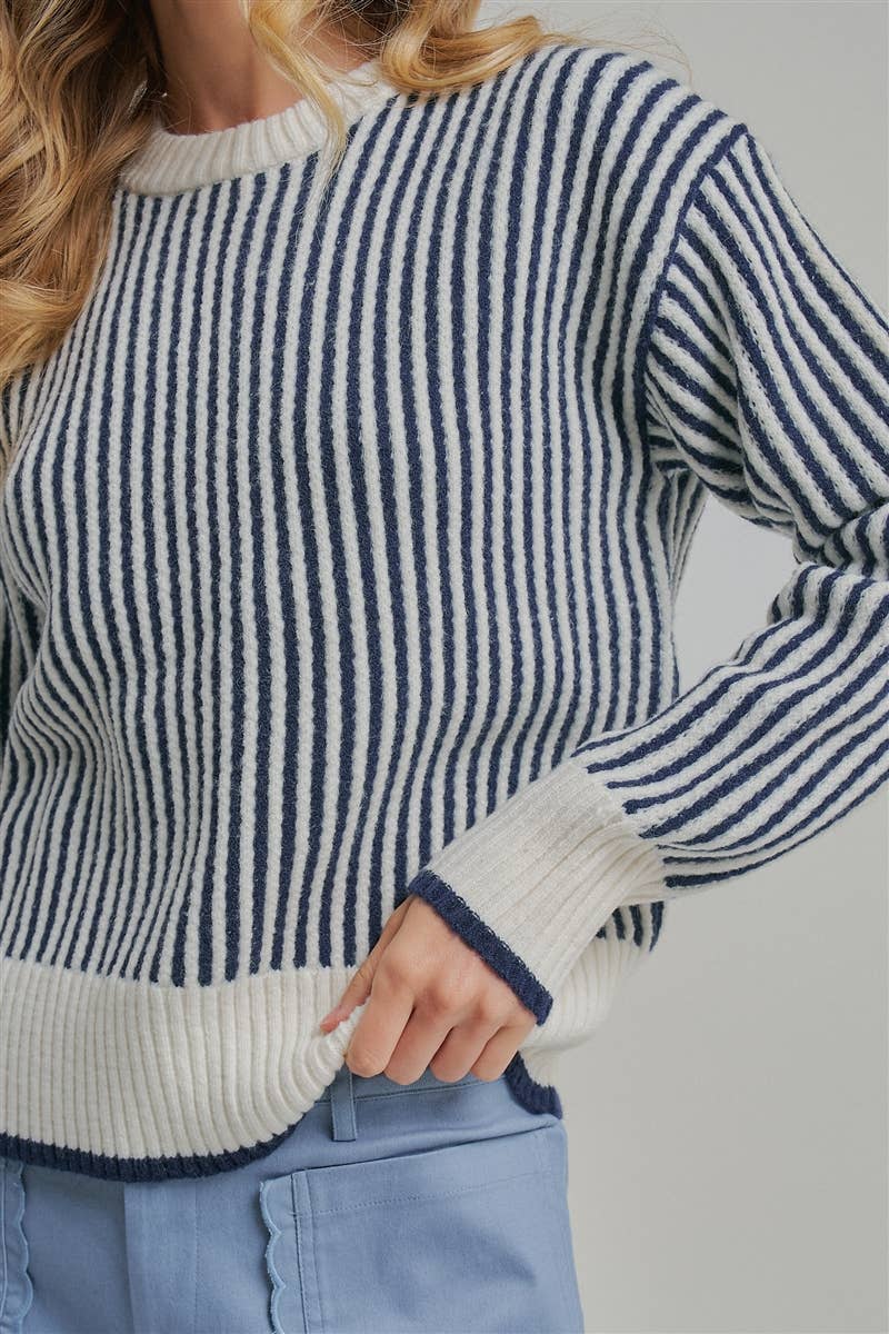 Vertical Stripe Textured Casaul Fall Sweater Top: Navy/Off White