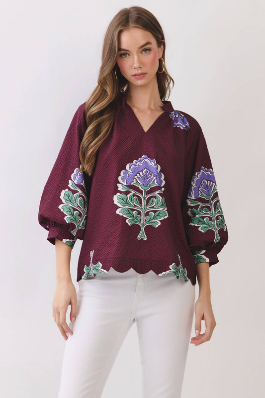 Floral Print Scalloped Hem Textured Blouse