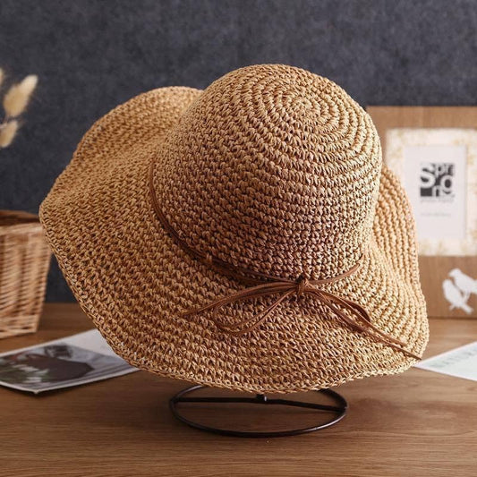 Retro Bow Tie Breathable Straw Fisherman Hat: Khaki