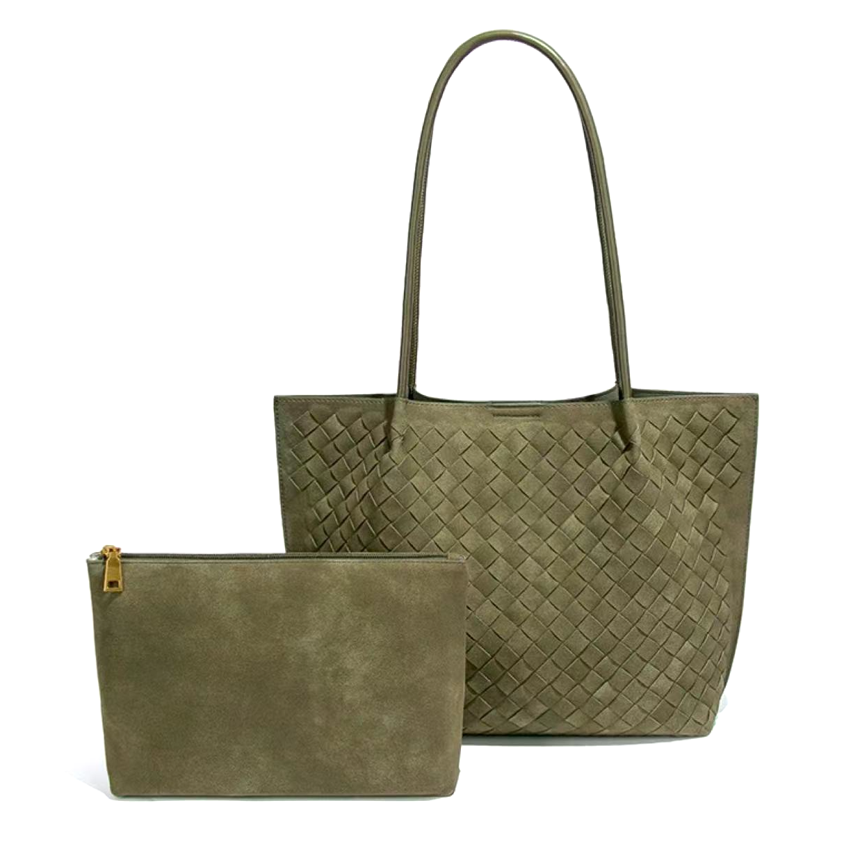 Suede-Like Woven Microfiber Leather Tote Bag W/Pouch: Olive