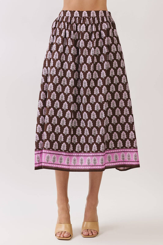 Border Print Elastic Back Waistband Midi Skirt