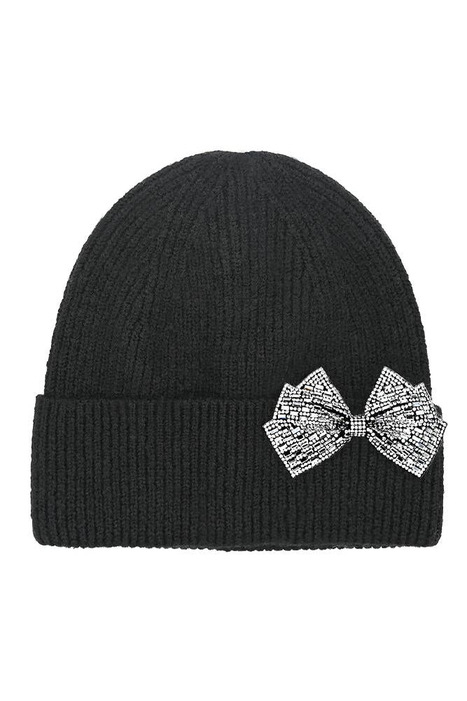 C.C Rhinestone Bow Cuff Beanie: Black