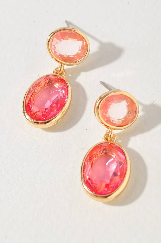 OVAL ROUND CRYSTAL LINK DANGLE EARRINGS: Pink