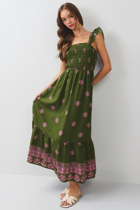 Smocked Border Print Maxi Dress