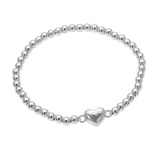 Stainless Steel Heart Charm Beaded Stretch Bracelet: Silver
