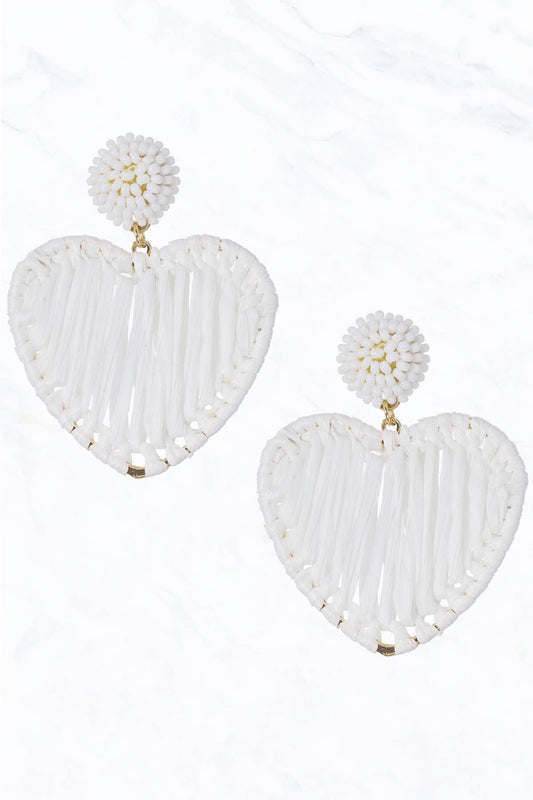 Colorful Raffia Wrapped Heart Post Dangle Earrings: White