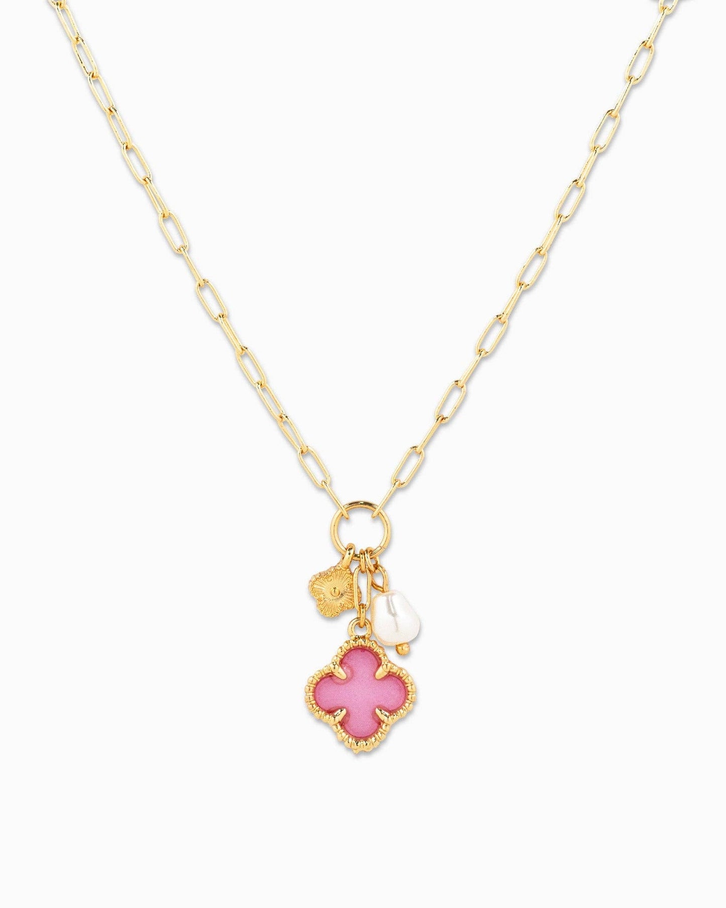 MOP Clover Triple Charm Necklace: Light Pink