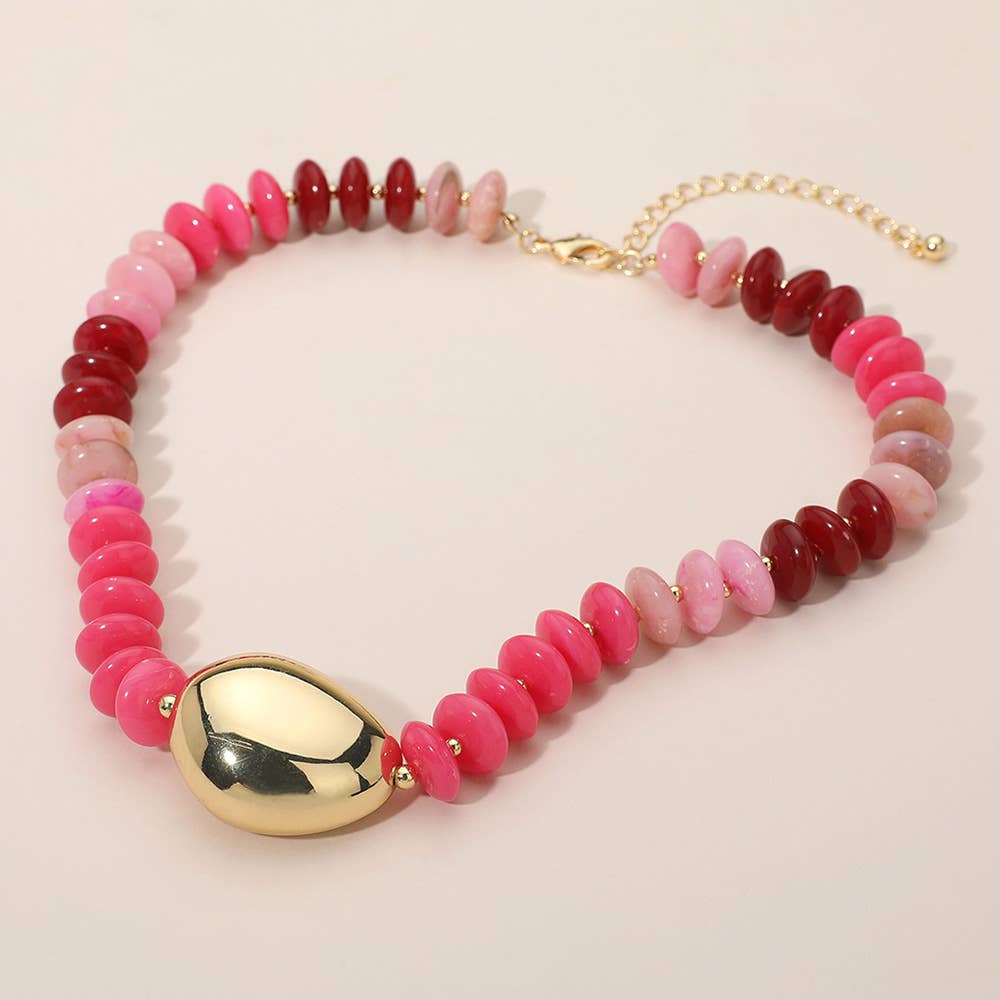 Chunky Pebble Resin Beaded Statement Necklace: Fuchsia,Gold