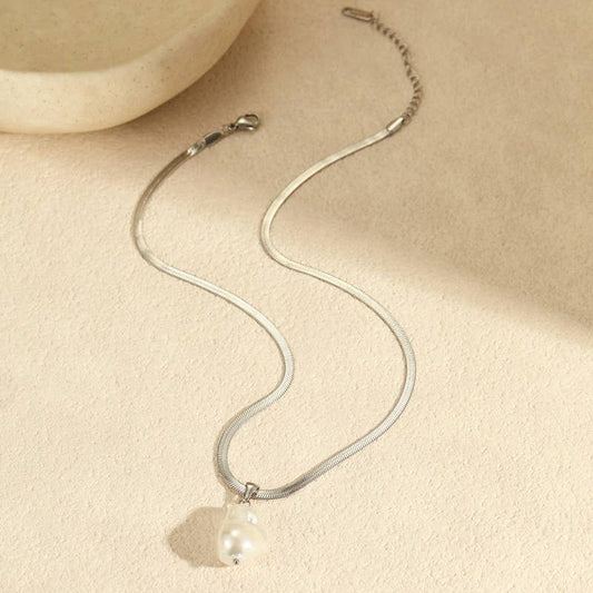 18k Stainless Steel Non-Tarnish  Pearl Necklace | Silver