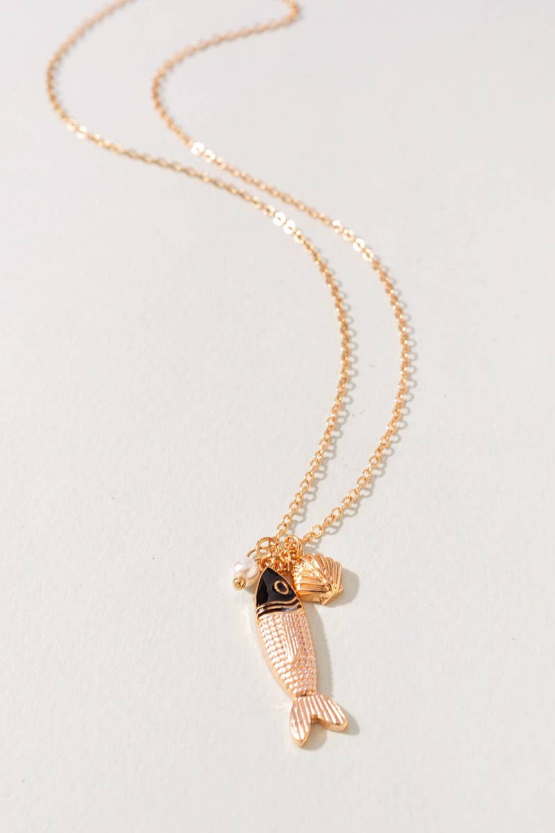 FISH SEALIFE CHARM METAL NECKLACE: Gold/White