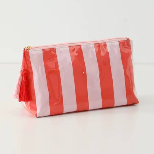 Travel Stripe Cosmetic Makeup Pouch Bag | Pink Red